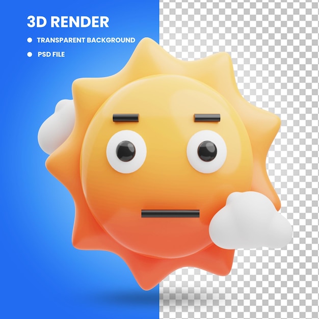 Renderização em 3d de ilustração de ícone de sol fofo com rosto plano