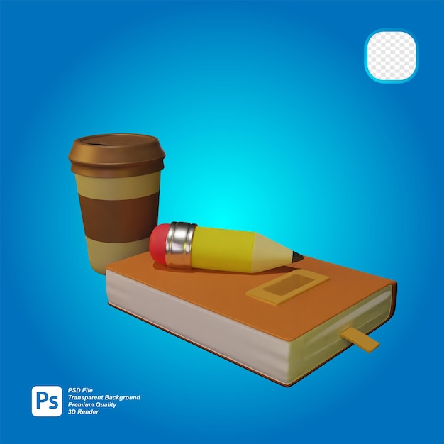 PSD renderização em 3d de lápis de café e livro