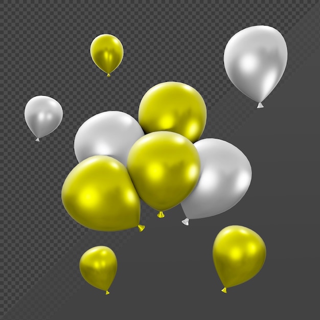 Renderização em 3d de muitos balões de ouro e prata simples e empilhados a partir da vista em perspectiva
