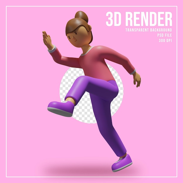 PSD renderização em 3d de personagem linda garota com movimento de corrida
