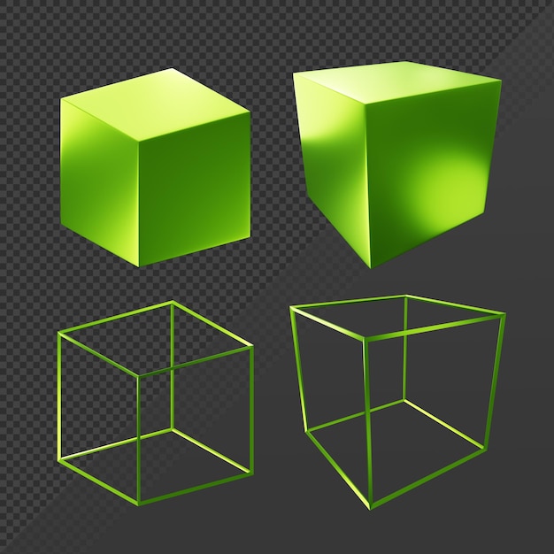 PSD renderização em 3d de perspectiva de objeto de geometria de cubo brilhante sólido e com fio e visão ortográfica