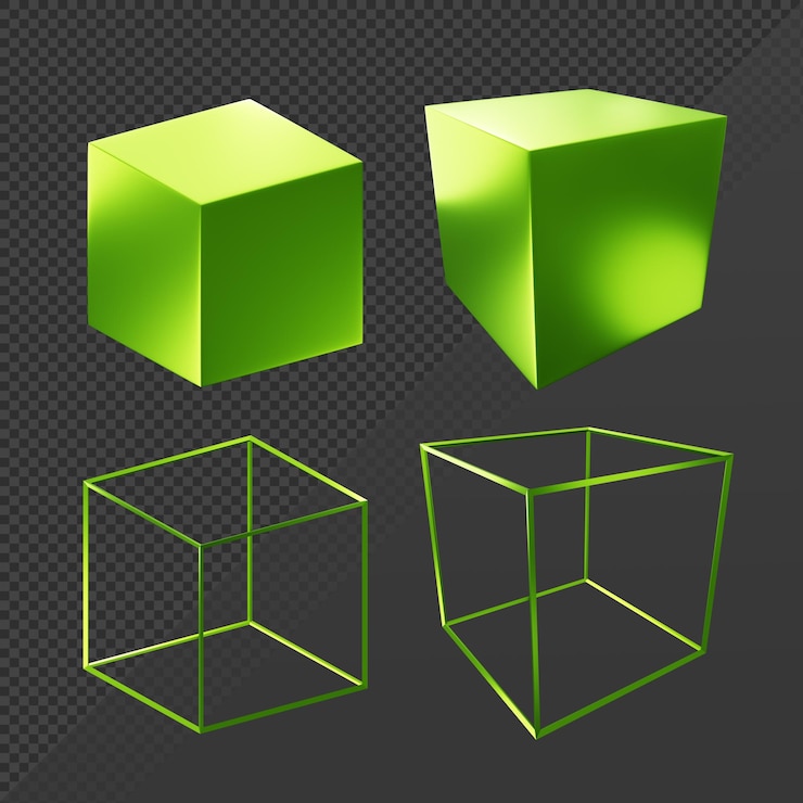 PSD renderização em 3d de perspectiva de objeto de geometria de cubo brilhante sólido e com fio e visão ortográfica