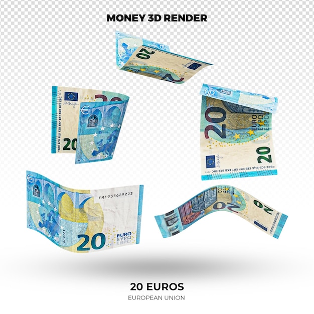 Renderização em 3D de pilhas de notas de 20 euros da União Europeia