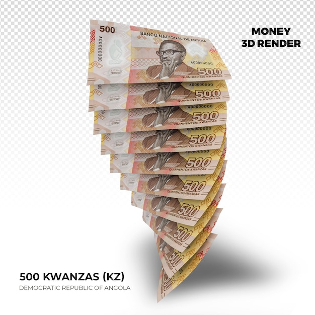 Renderização em 3D de pilhas de notas de 500 Kwanzas de dinheiro angolano