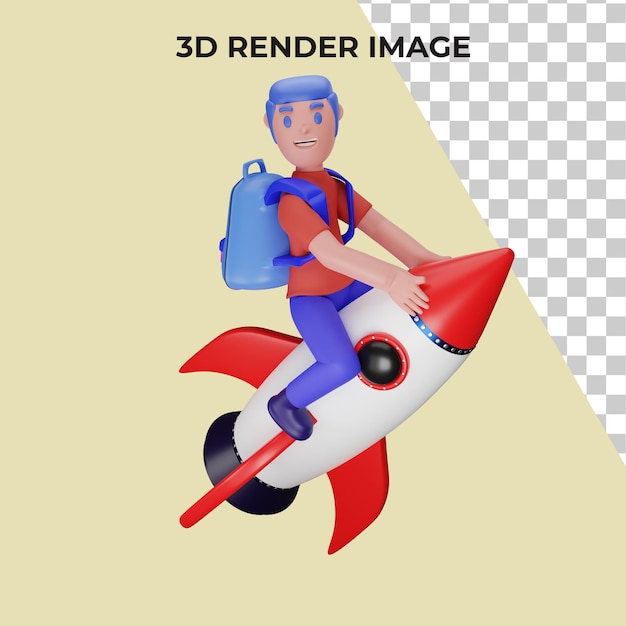 Renderização em 3D de um personagem pilotando um foguete com o conceito de volta às aulas