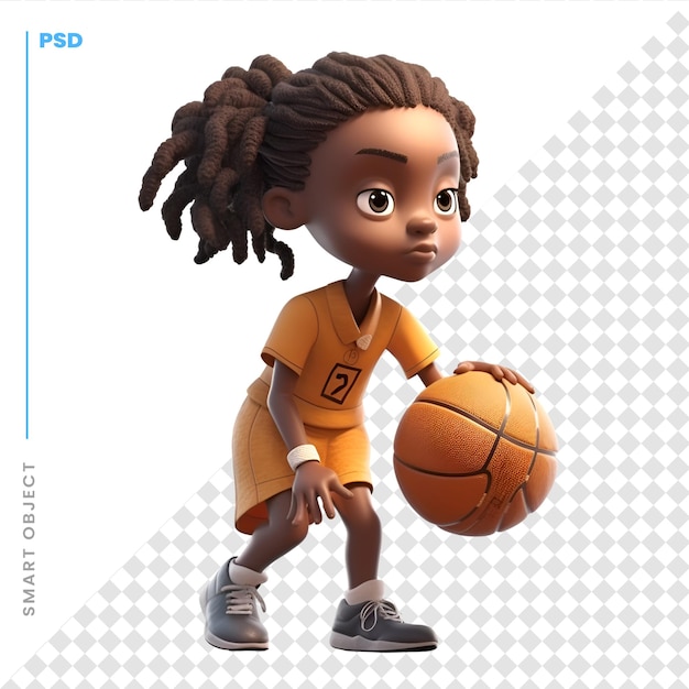 PSD renderização em 3d de uma garotinha afro-americana jogando basquete isolada no fundo branco