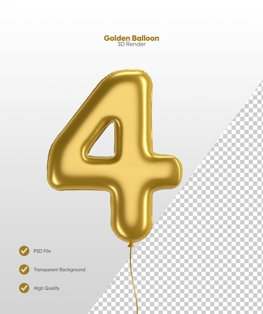 PSD renderização em 3d do balão de folha dourada realista número 4