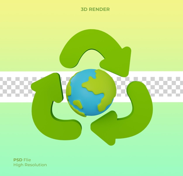 Renderização em 3D do Dia da Terra Salvar o globo do conceito de meio ambiente mundial com símbolo de reciclagem Salvar o planeta