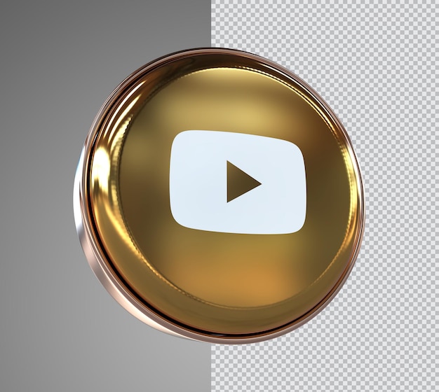 Renderização em 3d do ícone do youtube de ouro