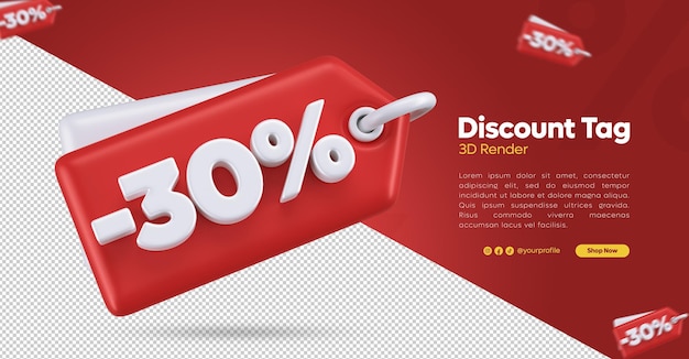 Renderização em 3d do preço com desconto vermelho e branco com 30% de desconto