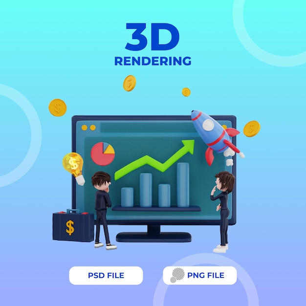 renderização em 3d finanças análise de personagens dados ilustração objeto psd premium
