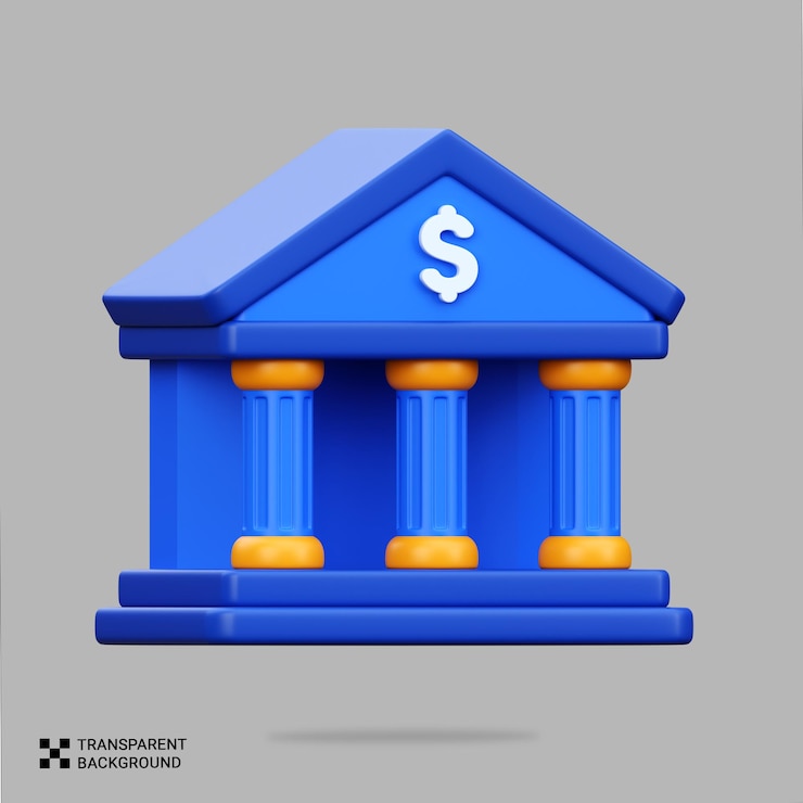 PSD renderização psd 3d de um edifício de banco azul com um sinal de dólar