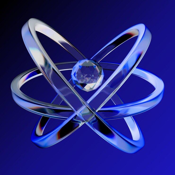 PSD renderización 3d abstracta de un átomo con esfera de cristal y anillos en órbita