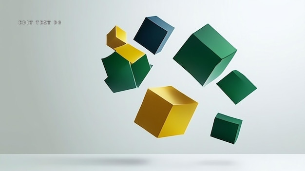 Renderización 3D abstracta de cubos dorados y verdes flotando en el espacio