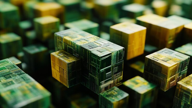 PSD renderización 3d abstracta de cubos verdes y dorados interconectados que representan tecnología de datos o red