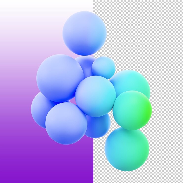 Renderización 3D abstracta de esferas flotantes con color gradiente
