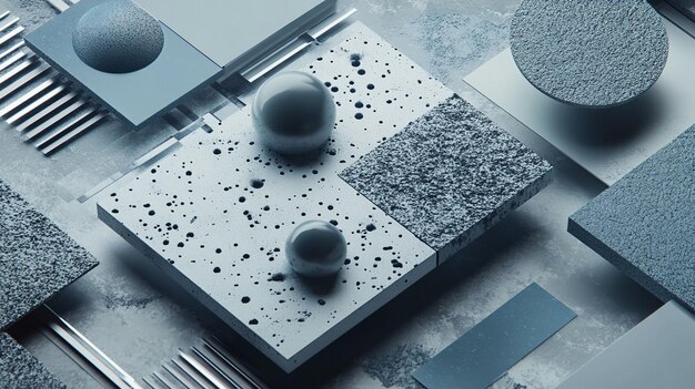 Renderización 3D abstracta de formas geométricas y superficies texturizadas en tonos azules monocromáticos