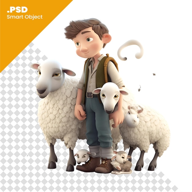 Renderización 3d de un adolescente con ovejas en una plantilla psd de fondo blanco