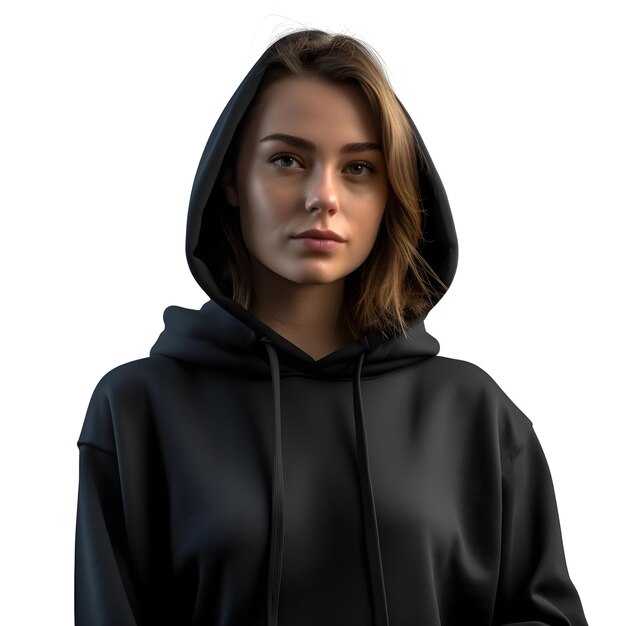 Renderización en 3D de una adolescente con una sudadera negra aislada sobre un fondo blanco