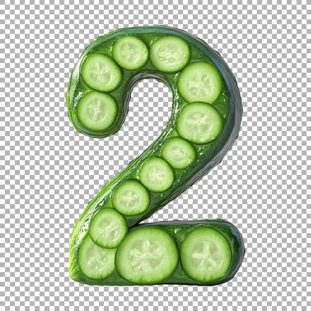 Renderización 3D de un alfabeto número 2 hecho con pepino en fondo transparente