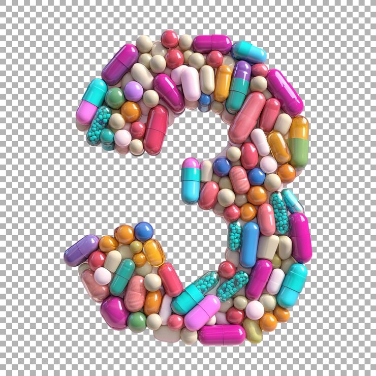 PSD renderización en 3d de un alfabeto número 3 hecho con pastillas de medicina de colores en un fondo transparente