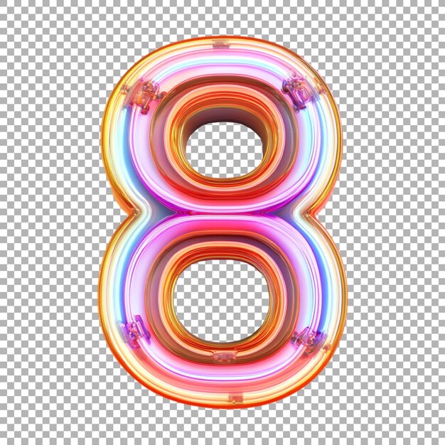 Renderización 3D de un alfabeto número 8 hecho con luces de neón coloridas en un fondo transparente