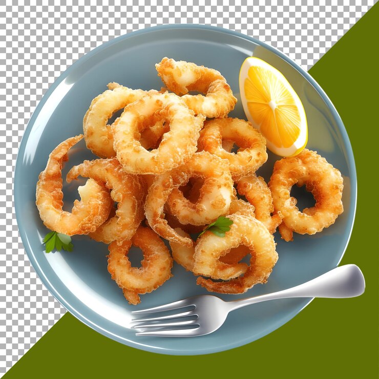 PSD renderización 3d de un anillo de cebollas fritas en un plato en un fondo transparente generado por ai