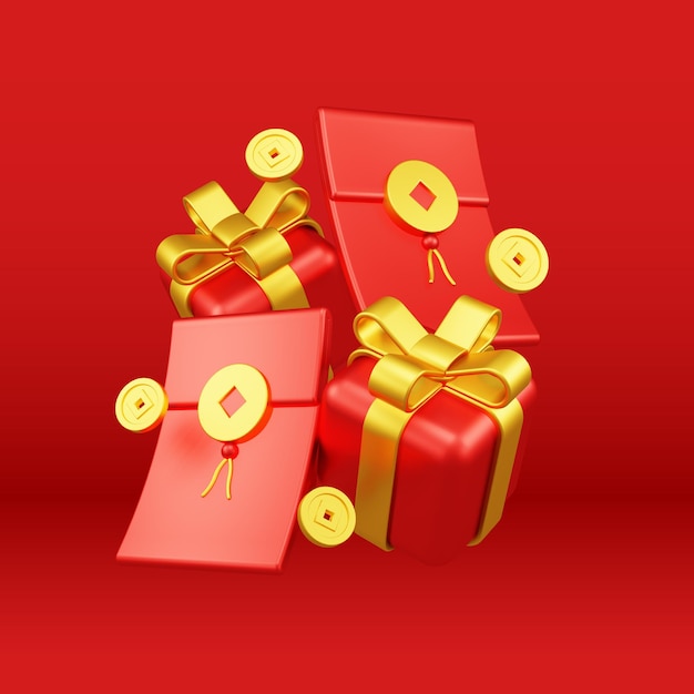 Renderización en 3D del Año Nuevo Chino con adornos orientales para la promoción de eventos en las redes sociales