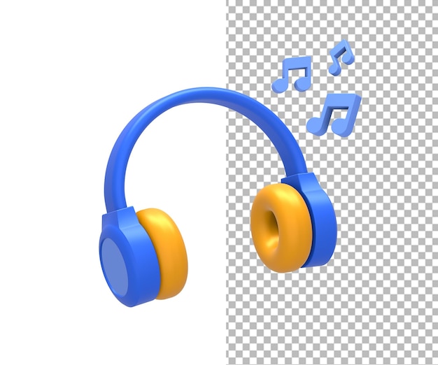 Renderización 3D de auriculares amarillos azules con notas musicales para UI UX, aplicaciones móviles web y redes sociales