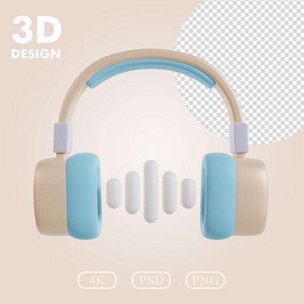 Renderización 3D de los auriculares con el icono de ondas de sonido Soft Pastel