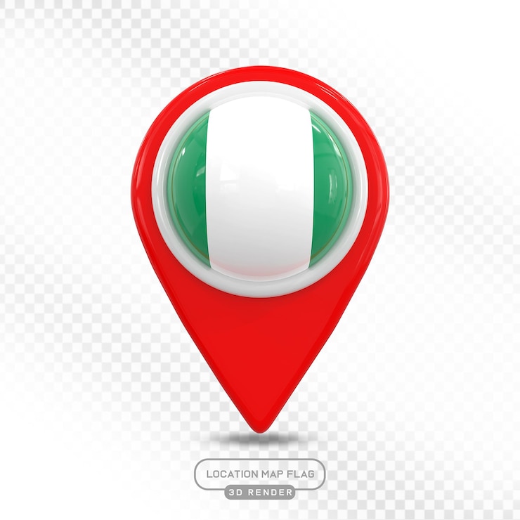 PSD renderización 3d de la bandera en el mapa de la ubicación de nigeria