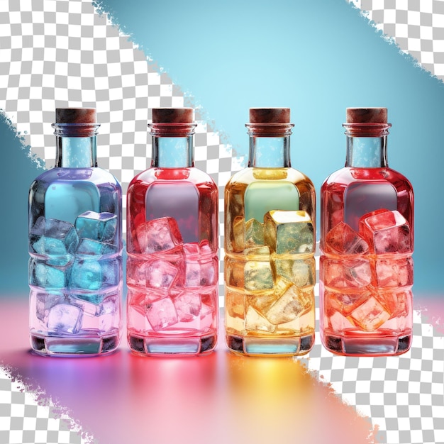 PSD renderización 3d de bebidas de colores y cubos de hielo en botellas sobre un fondo transparente