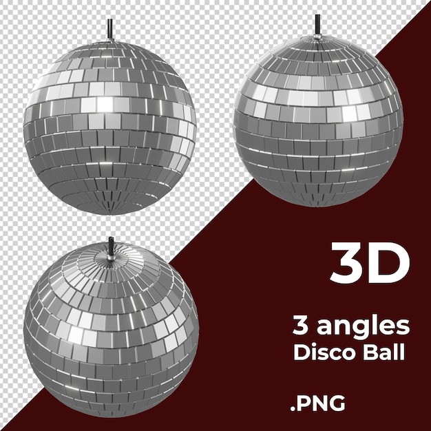 Renderización 3D de una bola de discoteca plateada brillante con vistas de 3 ángulos