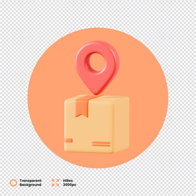 Renderización 3D de una caja con un alfiler de ubicación en la parte superior