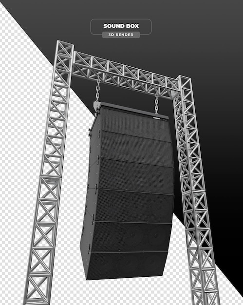 Renderización 3D de caja de sonido con un sistema de celosía metálica para eventos de audio en renderización 3D