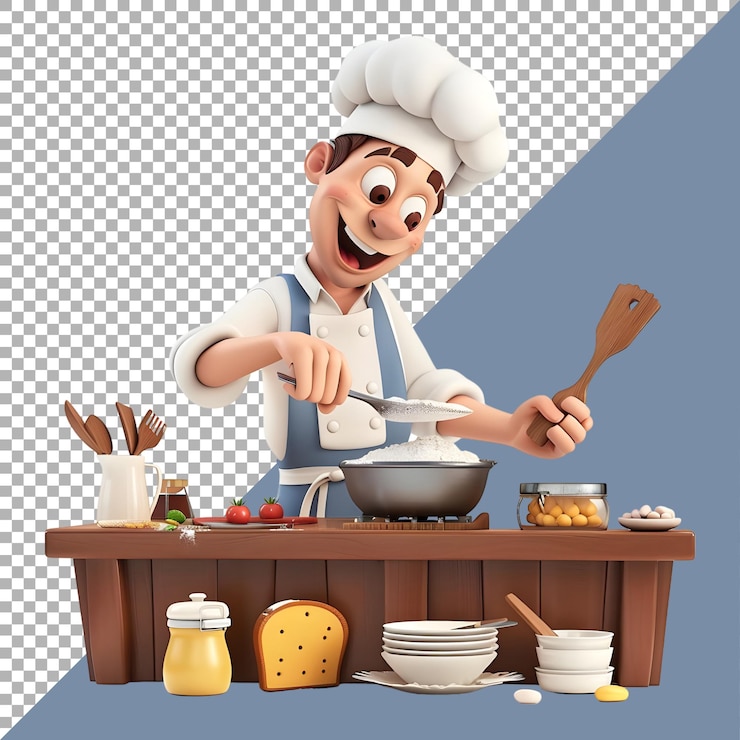 PSD renderización 3d de una caricatura de un chef feliz cocinando en un fondo transparente generado por ai