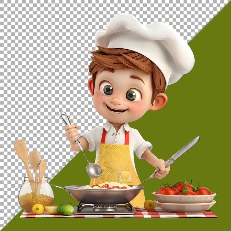 PSD renderización 3d de una caricatura de un chef feliz cocinando en un fondo transparente generado por ai