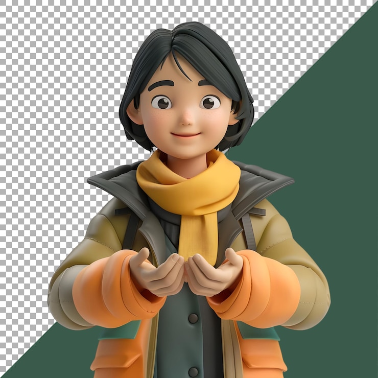 PSD renderización en 3d de una caricatura de una chica joven y linda de pie sobre un fondo transparente generada por ai