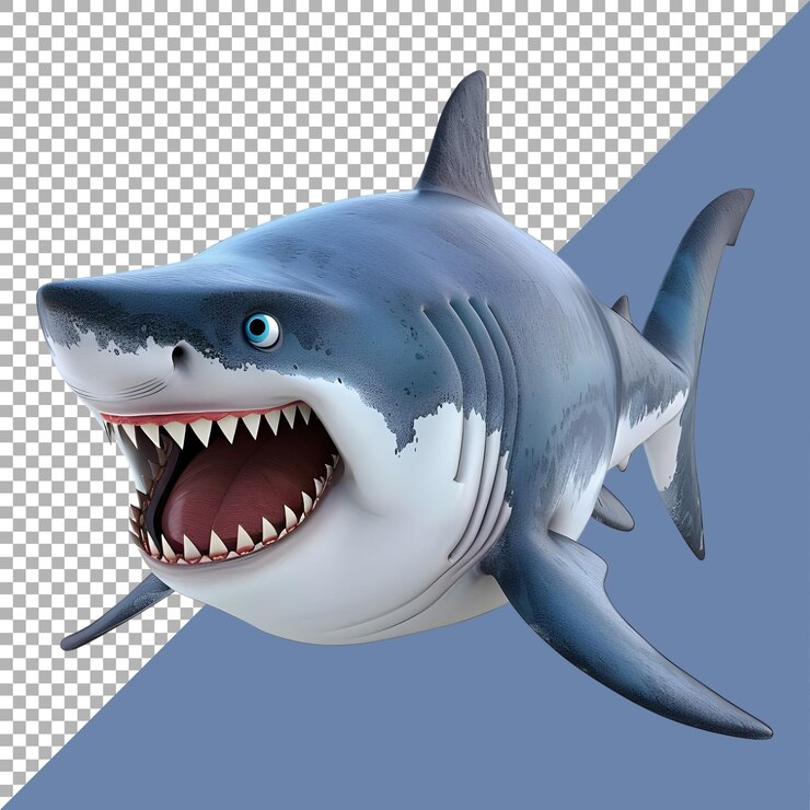 PSD renderización 3d de una caricatura de horror tiburón azul en un fondo transparente generado por ai