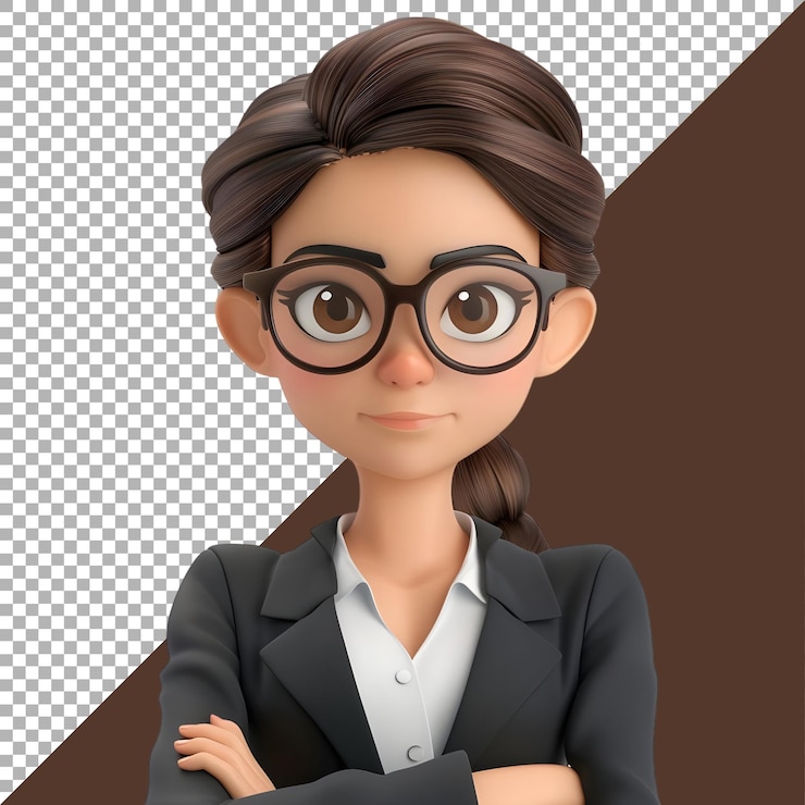 PSD renderización en 3d de una caricatura de una mujer de negocios con los brazos cruzados en un fondo transparente