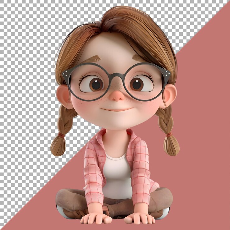 PSD renderización 3d de una caricatura de una niña sentada en un fondo transparente generada por ai