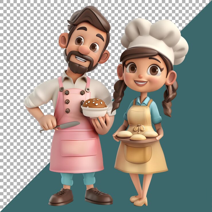 PSD renderización 3d de una caricatura de una pareja cocinando juntos en un fondo transparente generado por ai