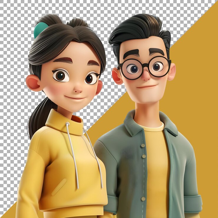 PSD renderización 3d de una caricatura de una pareja feliz y linda de pie sobre un fondo transparente generada por ai