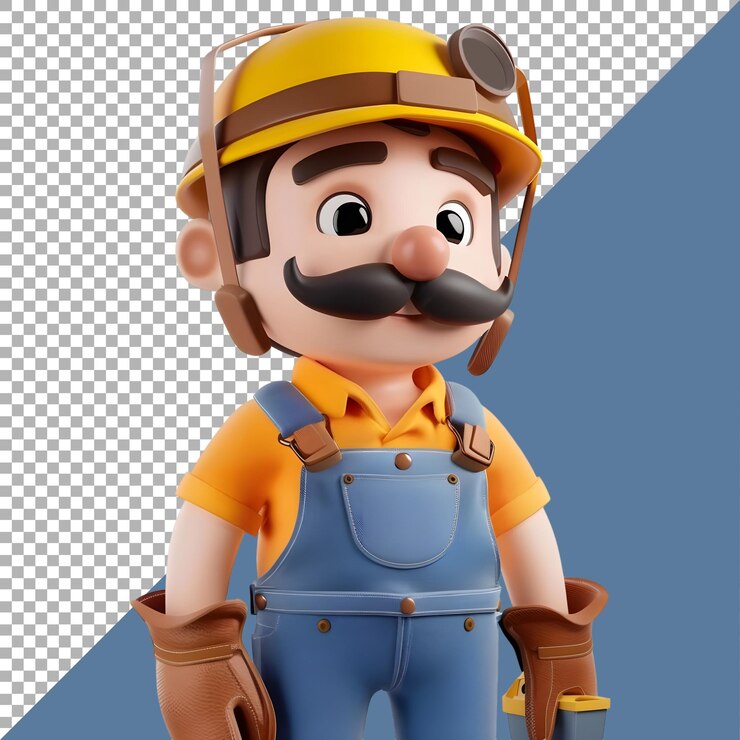 PSD renderización 3d de una caricatura de un trabajador de la construcción en un fondo transparente generado por ai