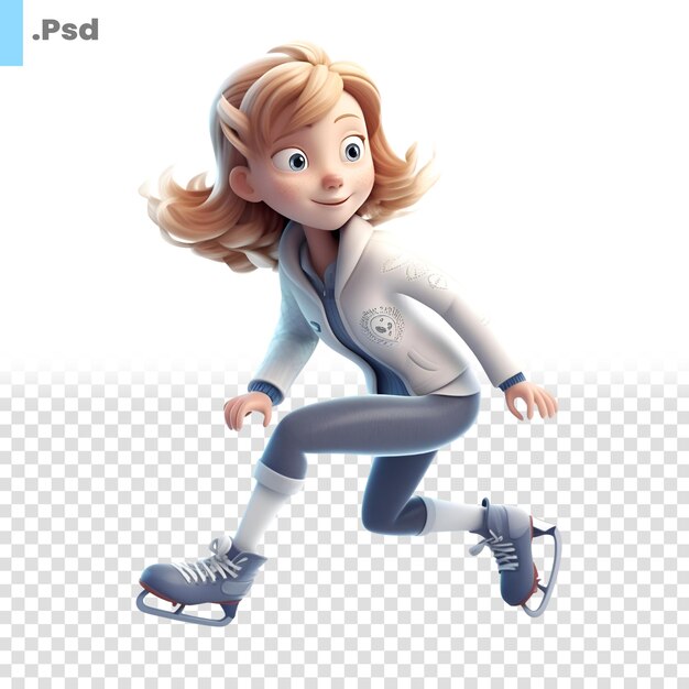 Renderización 3d de una chica de patinaje artístico aislada en un fondo blanco plantilla psd