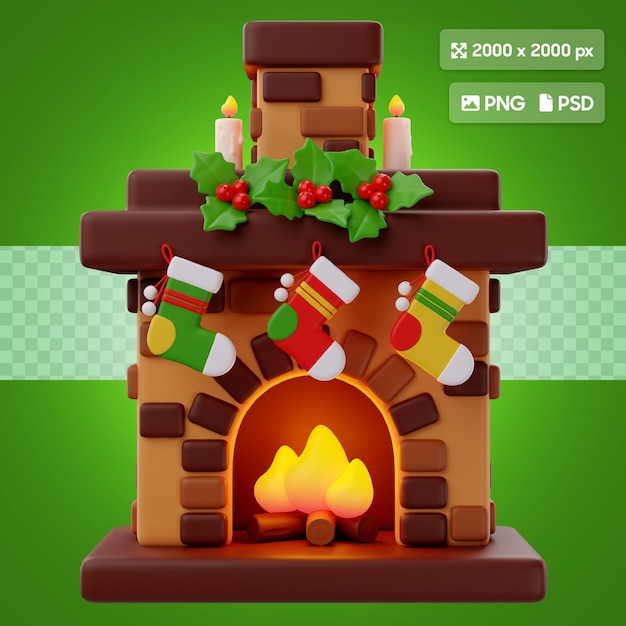 Renderización 3d de la chimenea de navidad con el icono de las medias