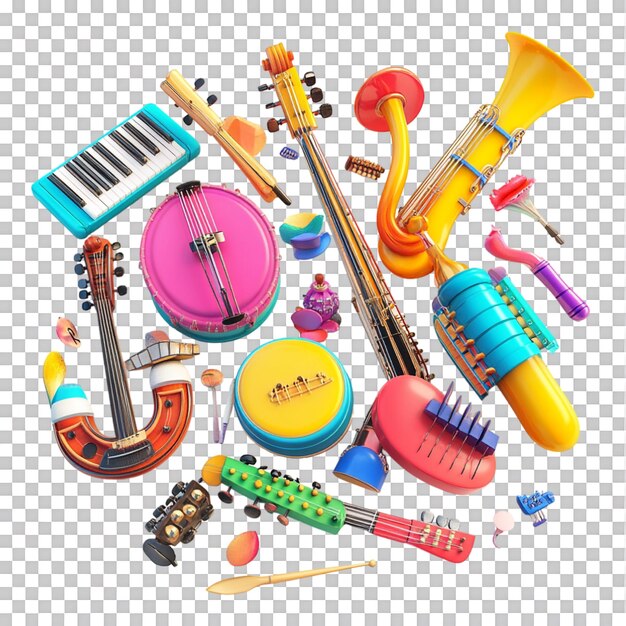Renderización en 3D de un colorido collage de instrumentos musicales contra un fondo transparente