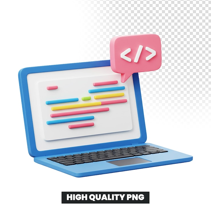 PSD renderización 3d de una computadora portátil con fragmentos de código y una burbuja de habla