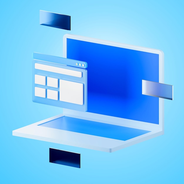 Renderización 3D de una computadora portátil con una ventana de navegador web Estudio de presentación