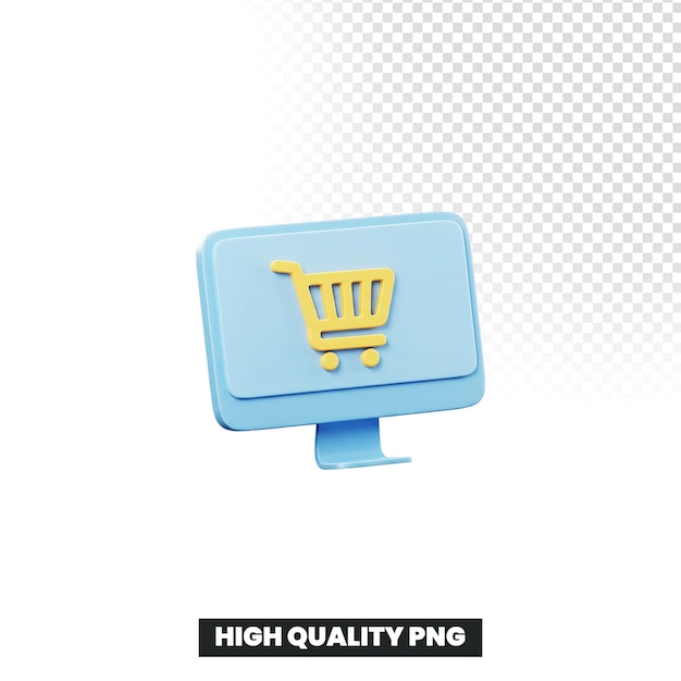 Renderización 3D del concepto de compras en línea con carrito de compras en la pantalla de la computadora